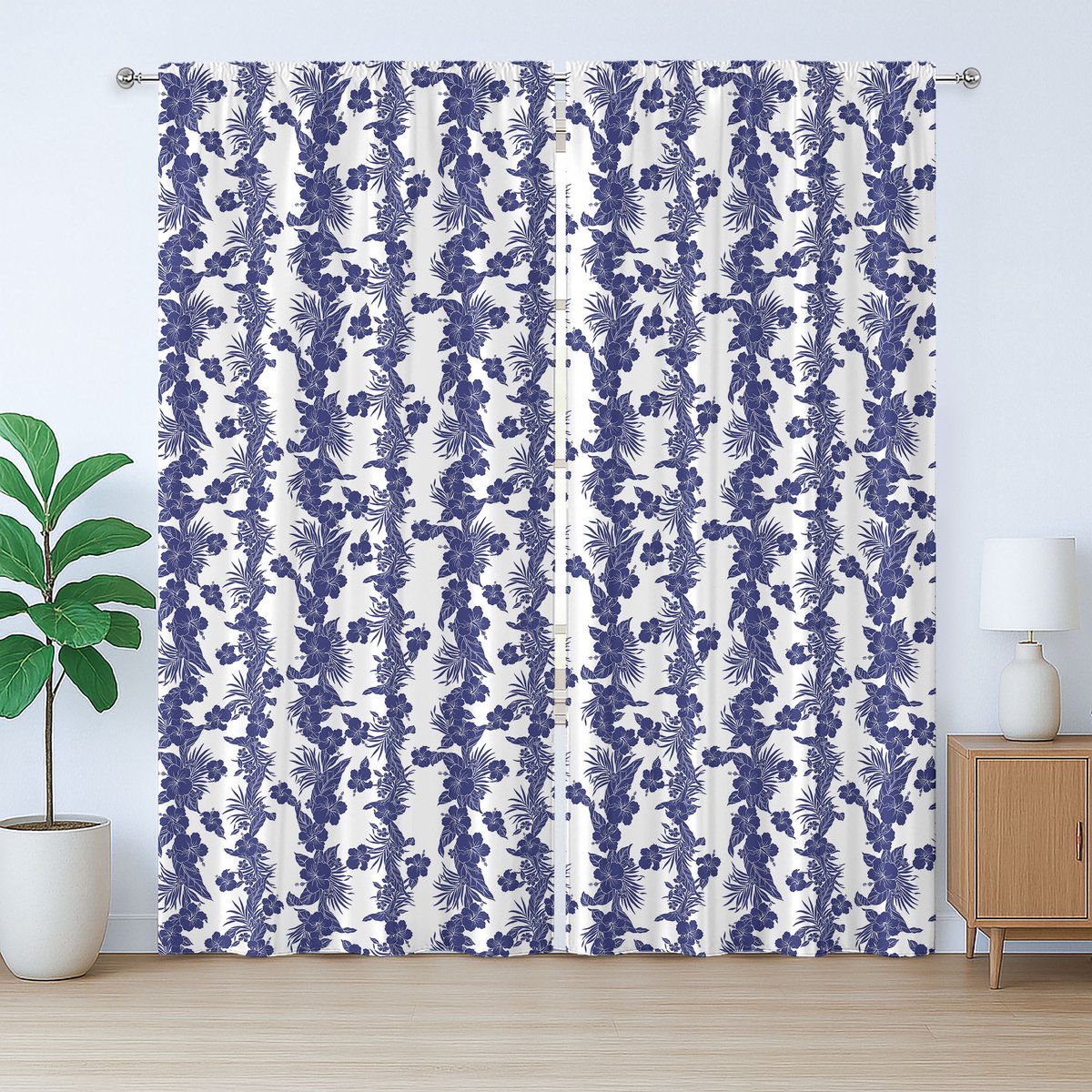 ABAKUHAUS Luau Rustiek Gordijn, Blauw en Wit Hibiscus, Slaapkamergordijn met Plooiing, Lussen en Haken, 280 x 175 cm, Nachtblauw en Wit