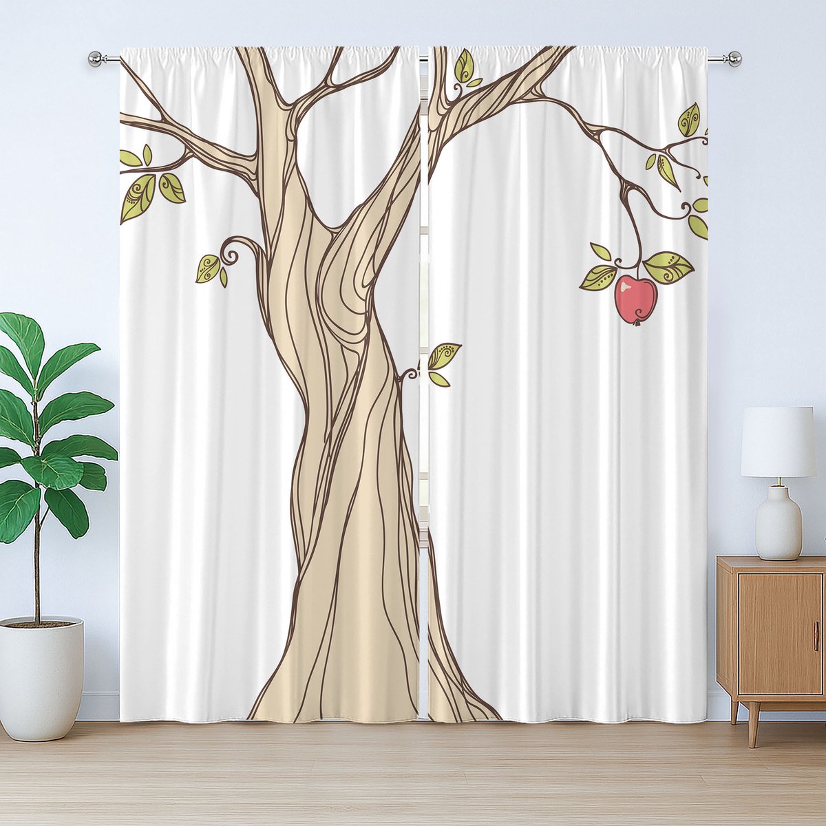 ABAKUHAUS Rustiek kerstgordijn, appelboom met bladeren, slaapkamergordijn met lussen en haken, 280 x 245 cm, beige groen koraal