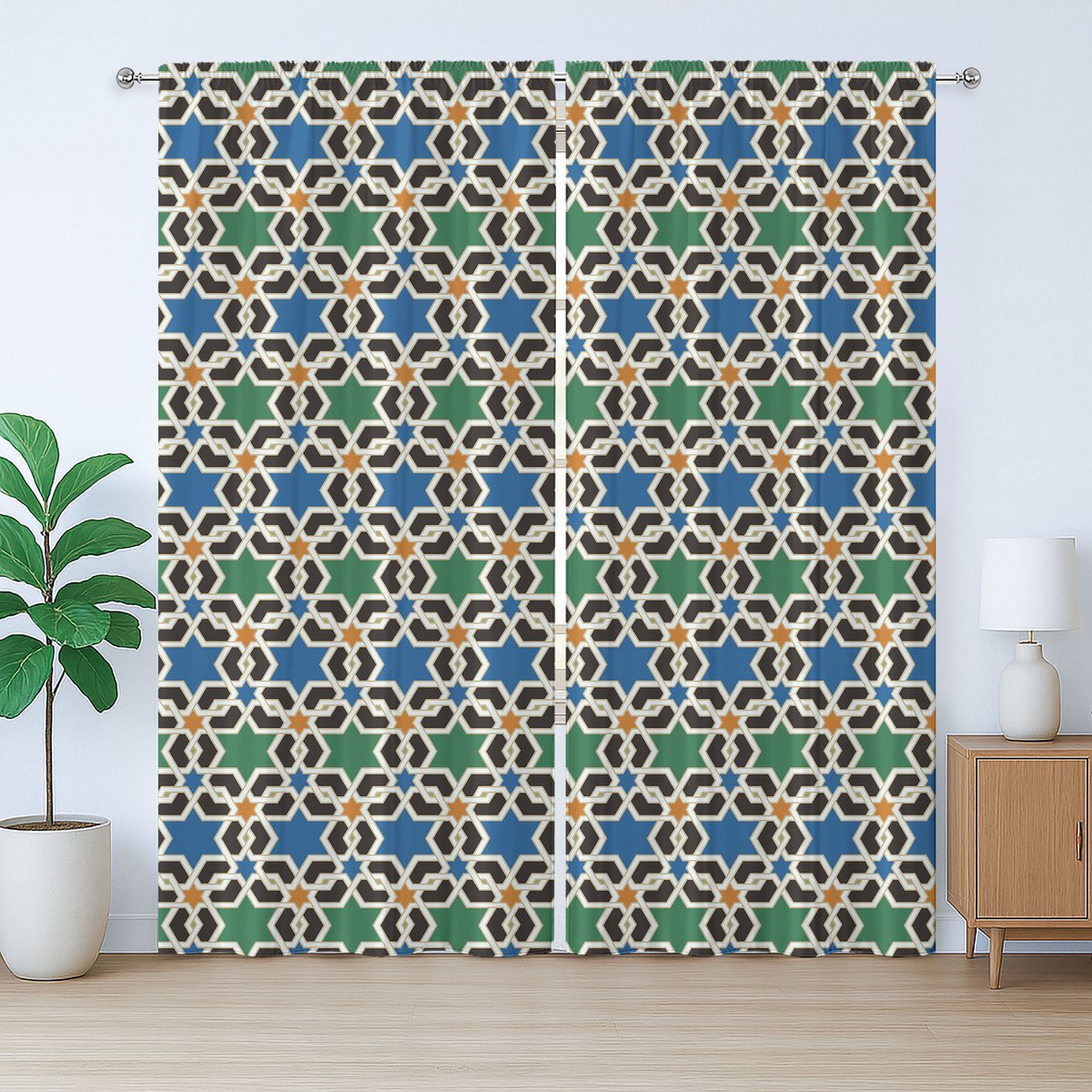 ABAKUHAUS Marokkaans rustiek gordijn, zeshoekige sterren, met lussen en haken voor de woonkamer, 280 x 225 cm, groen, blauw, zwart