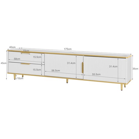 Afmetingen van wit tv-meubel met marmerlook blad en gouden accenten.