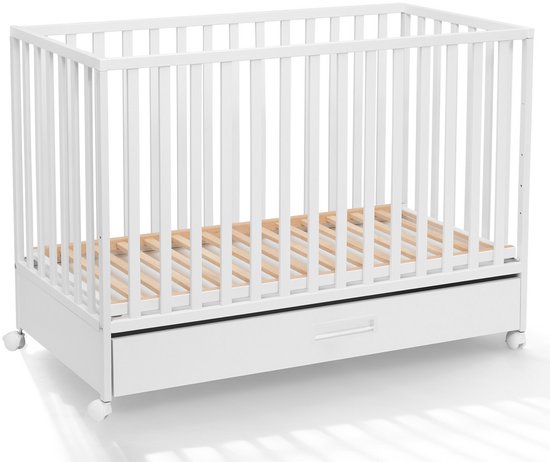 Multifunctioneel Babybed LUX 120x60 – Met Lade en Wielen – 2-in-1 Babybed & Peuterbed – Inclusief Veiligheidshekje – Verstelbare Hoogte – Wit
