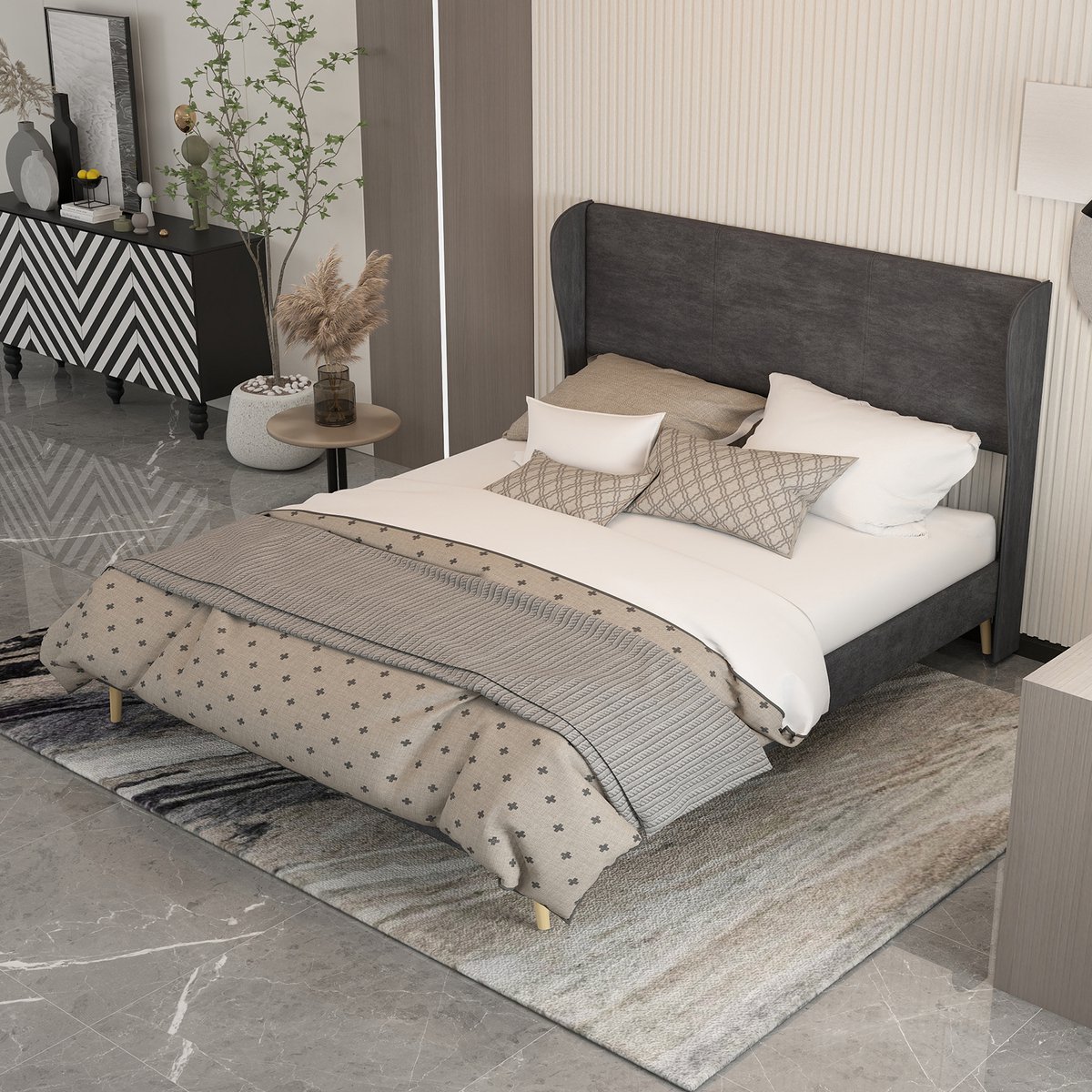 MODFU Bedframe 160x200 cm – Gestoffeerd met zacht hoofdbord – Metalen frame – Grijs
