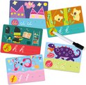 Vijf oefenkaarten voor letters: 'uu', 'kk', 'hh', 'dd', 'ff'. Met afbeeldingen van een uil, koala's, heks, dinosaurus en flamingo's.