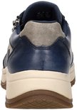 Achterkant van blauwe leren sneaker met ritssluiting en grijze accenten.