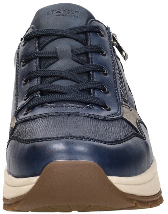Voorkant van een blauwe leren sneaker met ritssluiting en grijze accenten.