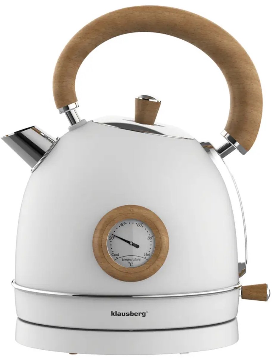 Klausberg 9007 - Retro Waterkoker - 1,8L - RVS - wit met hout - met thermometer