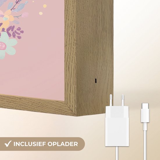 Nachtlampje 30x40 cm - Kinder lamp - Eenhoorn - Roze - Bloemen - Tafellamp kinderkamer draadloos - Slaapkamer lampje - Bedlamp kinderen - Kinderlampje - Wandlamp babykamer - Nachtlampjes van OnlyWow — afbeelding 5