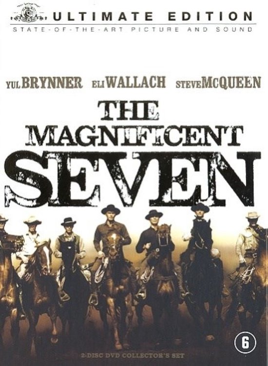 DVD-hoes met de titel 'The Magnificent Seven', met zes mannen te paard.