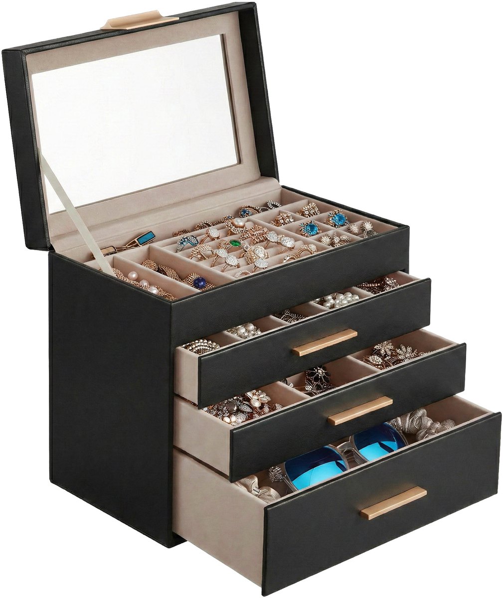SONGMICS - Sieradendoos - Juwelendoos - Met 4 Lagen - Glazen Deksel - 3 Lades - Grote Sieraden