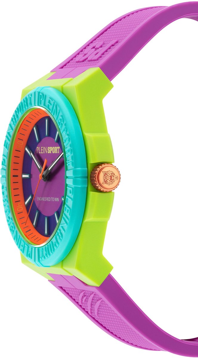 Plein Sport Laserstrike Kwarts Analoog Horloge Violet Kast: 100% Gerecycled Roestvrij Staal| Armband: Siliconen 42 mm PSFGA0626, PSFGA0726, PSFGA0826, PSFGA0926, PSFGA1026