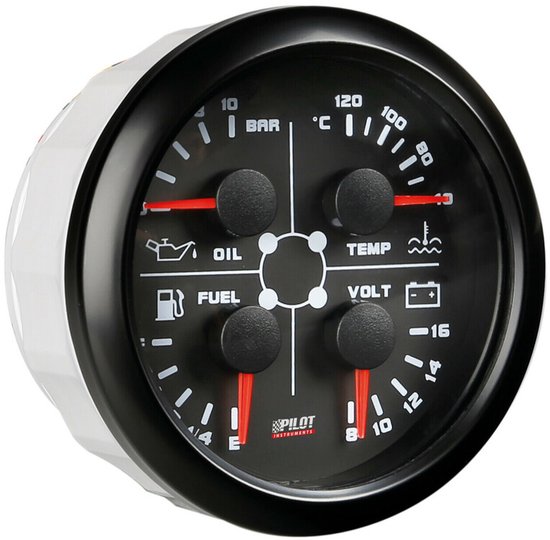 Jauge Pilot noire de 52 mm avec cadrans pour huile, température, carburant et tension.