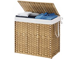 SONGMICS - Wasmand - Wasmand met 2 Vakken - Opvouwbare Rattan Mand met Deksel en Handgrepen - Uitneembare Waszak