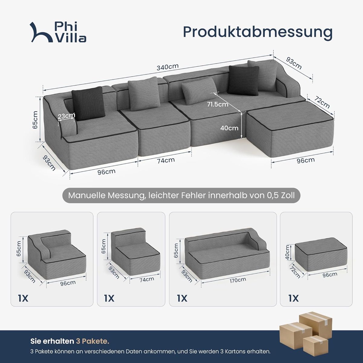 Modulaire Hoekbank Slaapbank L-vorm 340 x 165 x 65 cm – 5-zits Boneless Design – Corduroy Stof – Diepe Zitting 72 cm – Comfort Lounge Bank Grijs | Laura