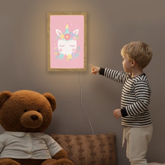 Nachtlampje 20x30 cm - Kinder lamp - Eenhoorn - Bloemen - Roze - Tafellamp kinderkamer - Slaapkamer lamp - Bedlamp kinderen - Kinderlampje stopcontact - Wandlamp babykamer - Nachtlampjes van Merkloos — afbeelding 5