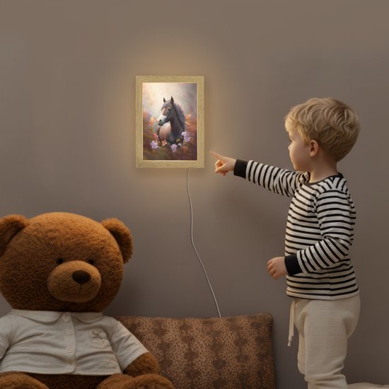 Nachtlampje 15x20 cm - Kinder lamp - Paard - Bloemen - Natuur - Paars - Dieren - Tafellamp kinderkamer - Slaapkamer lamp - Bedlamp kinderen - Kinderlampje stopcontact - Wandlamp babykamer - Nachtlampjes van Merkloos — afbeelding 5