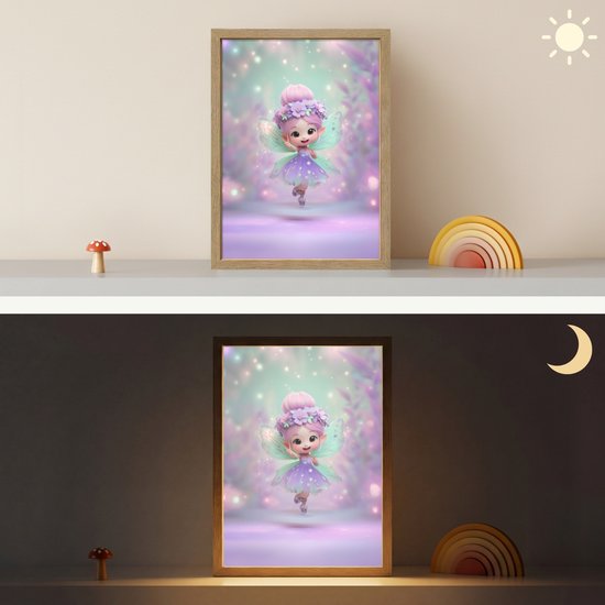 Nachtlampje 30x40 cm - Kinder lamp - Fee - Paars - Sprookje - Tafellamp kinderkamer draadloos - Slaapkamer lampje - Bedlamp kinderen - Kinderlampje - Wandlamp babykamer - Nachtlampjes van OnlyWow — afbeelding 4