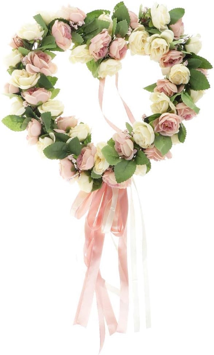 Bloemenkrans Hartvorm - Decoratieve Krans - Feestelijke Decoratie - Handgemaakt Rotan - 35cm Buitendiameter - Roze