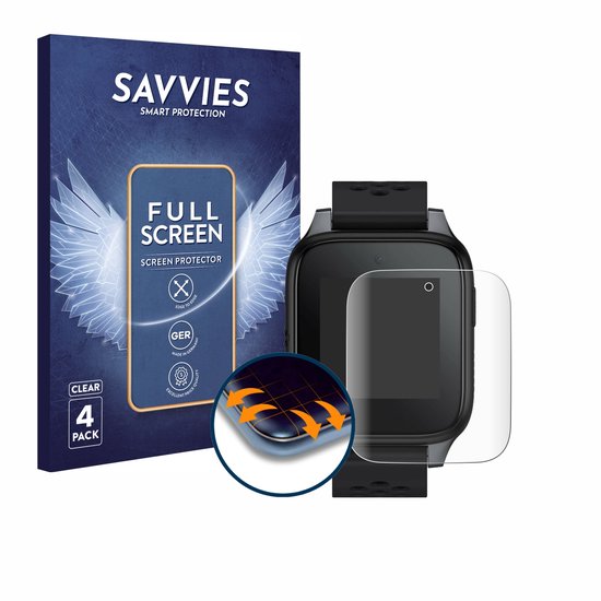 Verpakking Savvies schermprotector 'Full Screen' voor smartwatch, 4 stuks, met een duidelijke schermprotector.