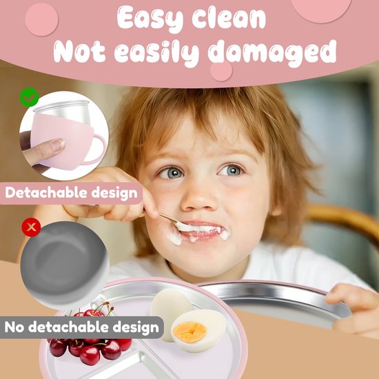 Meisje met groen servies dat een bord met een gekookt ei en kersen eet. Makkelijk schoon te maken, niet makkelijk beschadigd. Afneembaar ontwerp.