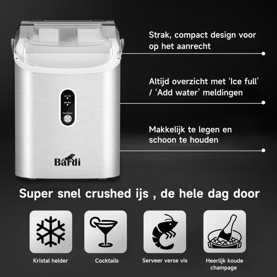 Bardi 1.1L - Nugget IJsblokjesmachine Rond - Crushed Ice Maker met IJsschep - 15kg/24 uur - Ijsblokjesmaker - Met Luxe Thermosbeker - RVS - Citruspers RVS van Merkloos — afbeelding 4