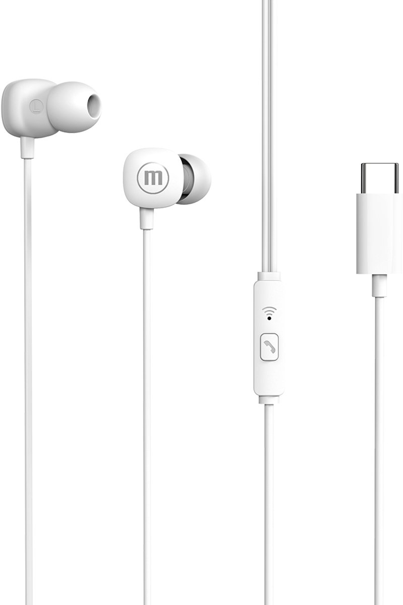 Maxell Square+ In-Ear oordopjes - USB-C aansluiting - 120 cm kabel - Microfoon - Comfortabele pasvorm - Stereo geluid - Wit [52041WH]