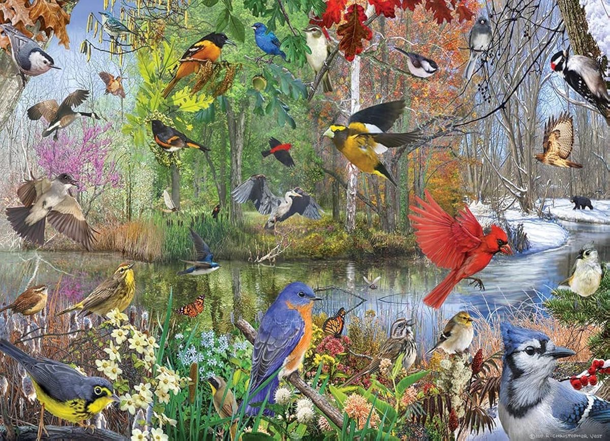 Legpuzzel 1000 Stukjes - Seizoensvogels - Luxe Kwaliteit met Linnen-effect