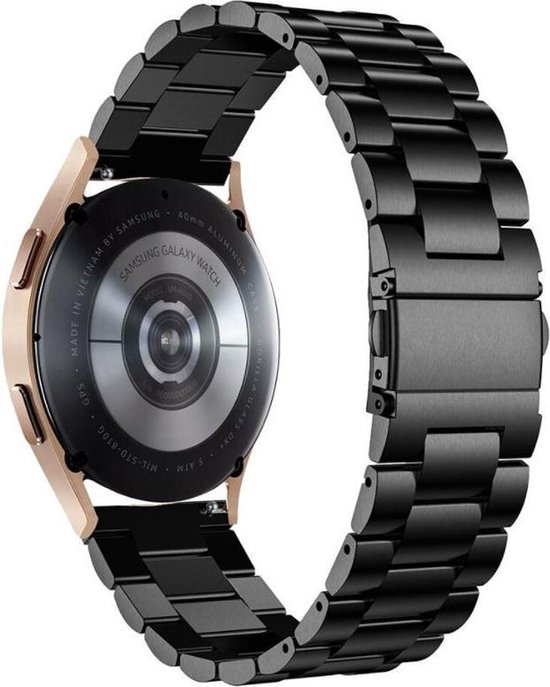 Achterkant van een smartwatch met rosegouden rand, zwarte metalen band en tekst 'Samsung Galaxy Watch'.