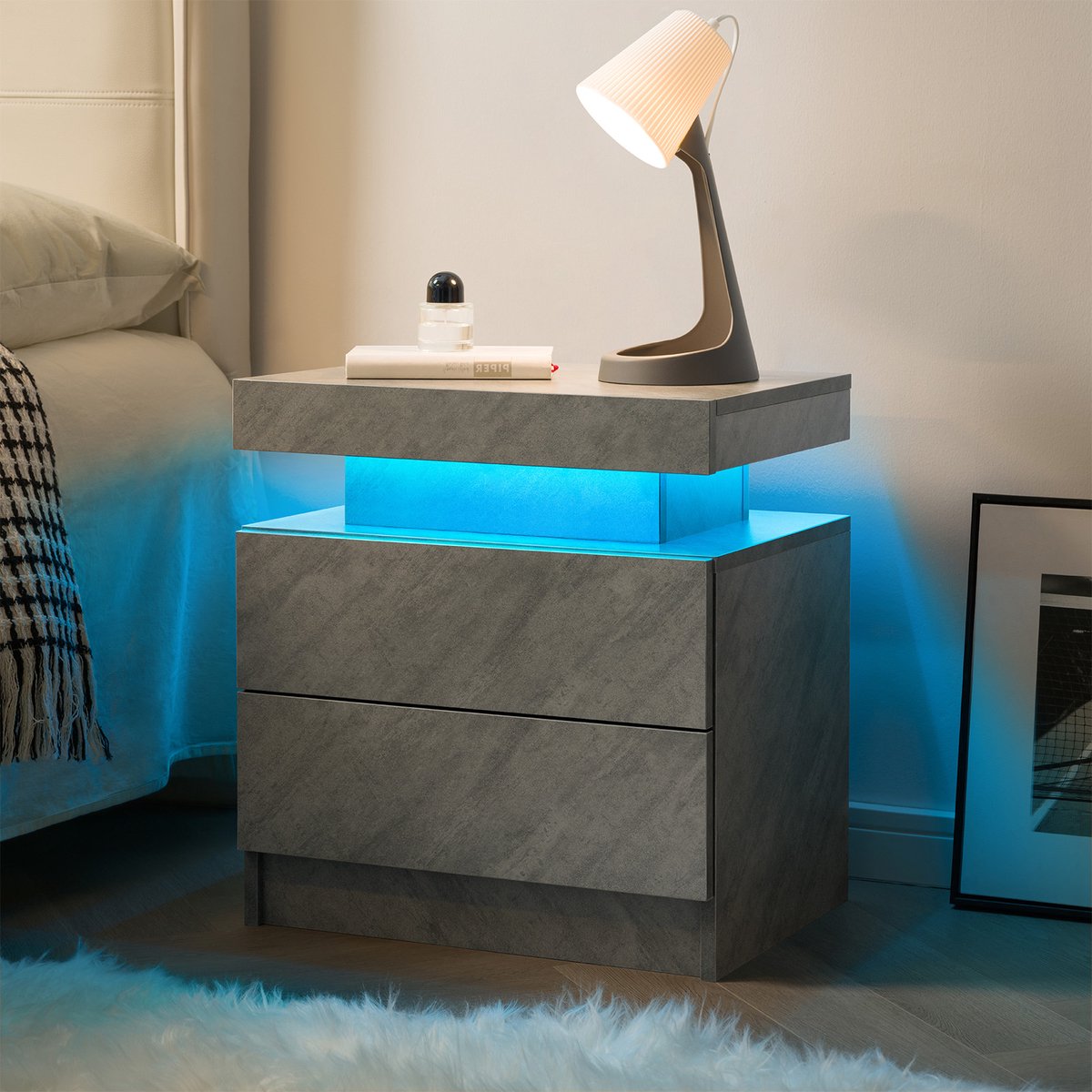 OKWISH Nachtkastje - Met MeerKleurige Verstelbare Led-Verlichting - 2 Lades En Open Vak - Voor Slaapkamer Woonkamer - Hout Donkergrijs