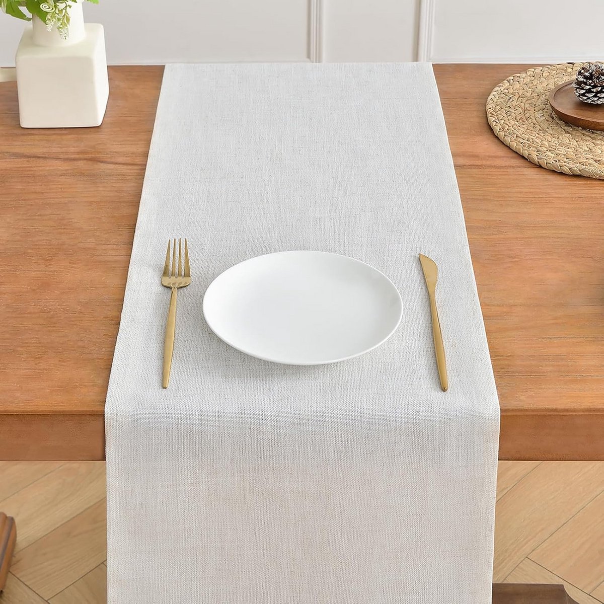 Linnen Look Tafelloper Off White 150cm Rustiek Farmhouse Woondecoratie