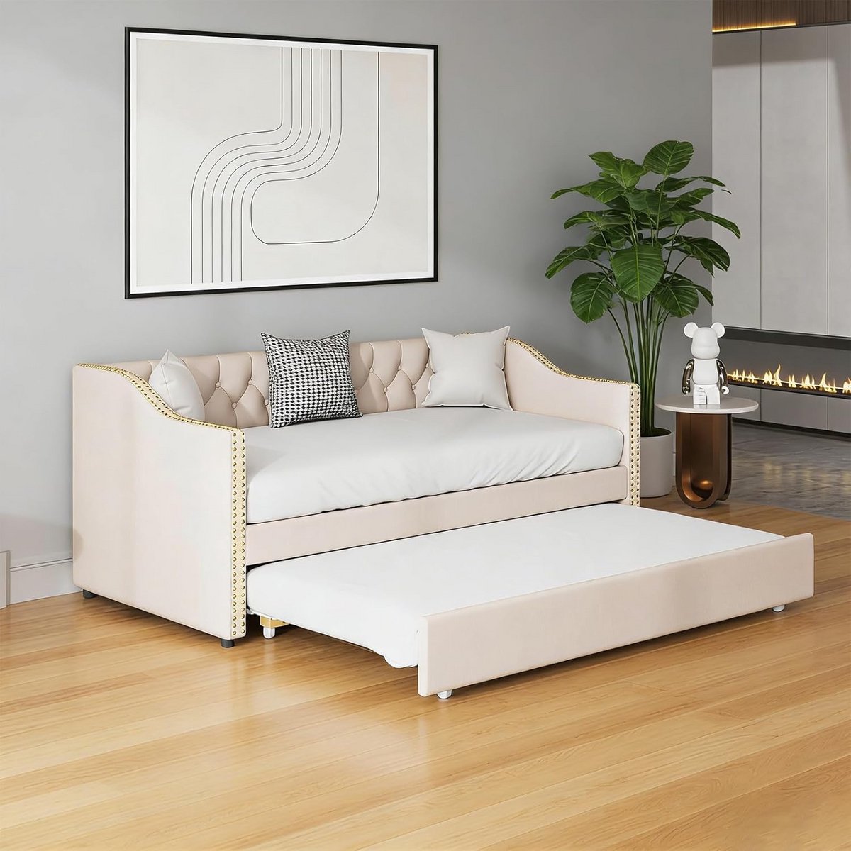 Multifunctioneel Slaapbank met Uitschuifbed en Velours Bekleding 90/180x200 cm