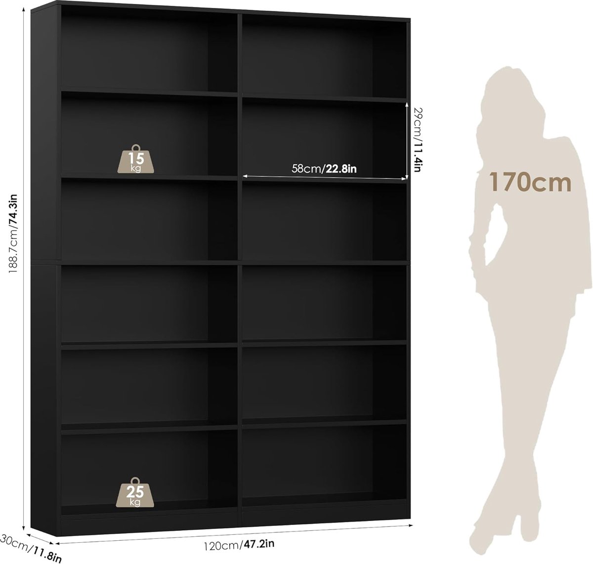 Boekenkast 6-Laags – Casa Velluto Nero Vrijstaande Boekenplank – 17 Open Vakken Displayrek voor Woonkamer, Thuiskantoor en Bibliotheek – Scandinavisch Design Zwart 188 x 149 x 23,5 cm