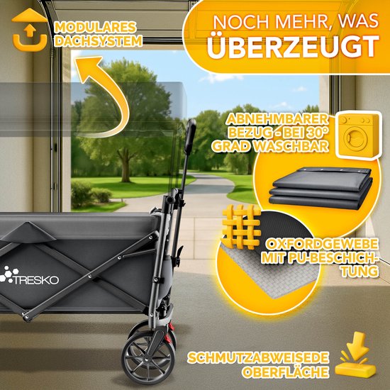 TRESKO® Opvouwbare bolderkar met dak, koelvak en zijrolgordijnen | Handwagen maximaal belastbaar tot 150 kg | Transportwagen met massief rubberen banden en vastzetrem (voor en achter) en 3-punts — afbeelding 4