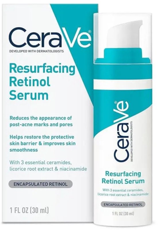 CeraVe Resurfacing Retinol Serum met Encapsulated Retinol. Wit met blauwe accenten.