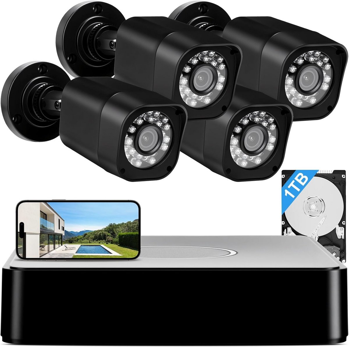 8 Kanaals 5MP Bedraad CCTV Beveiligingscamerasysteem met 1TB HDD en 4 Buiten HD Camera's