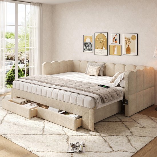BLACKCOLORS Lit rembourré, lit de jour, canapé-lit, avec 2 tiroirs de rangement, canapé-lit, lit de jour 90x200 cm, extensible jusqu'à 180 cm, avec port USB, chenille beige