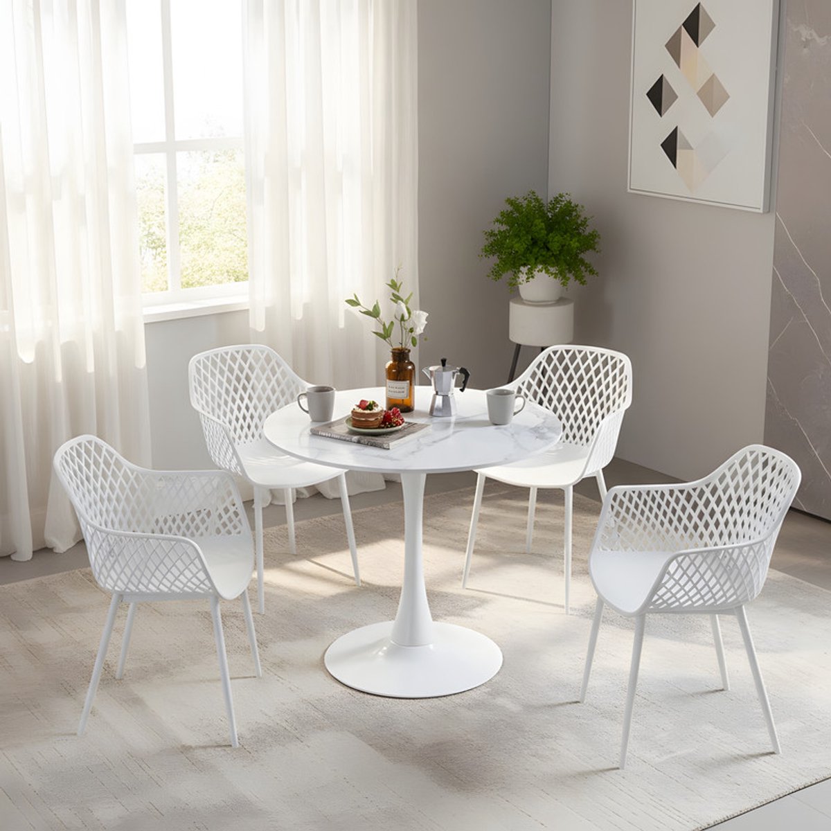 EGGREE eettafel en stoelen set - marmeren tafel Ø 80 cm met 4 zwarte stoelen - voor bar - café en eetkamer Marmerkleur-R4WH