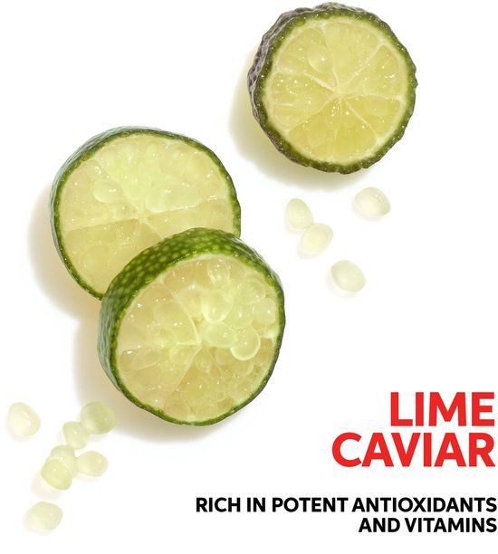 Gesneden limoenen met parels die op de tekst 'LIME CAVIAR' staan.