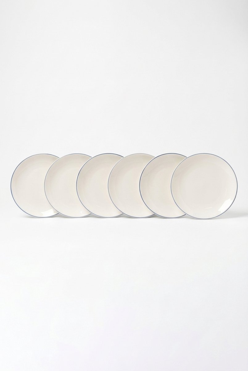 vtwonen - Borden - Lunchbord - Wit/Blauw Lijn - Set van 6 - Porselein - 23cm