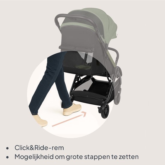 Groene en zwarte buggy met Click&Ride-rem, mogelijkheid om grote stappen te zetten.