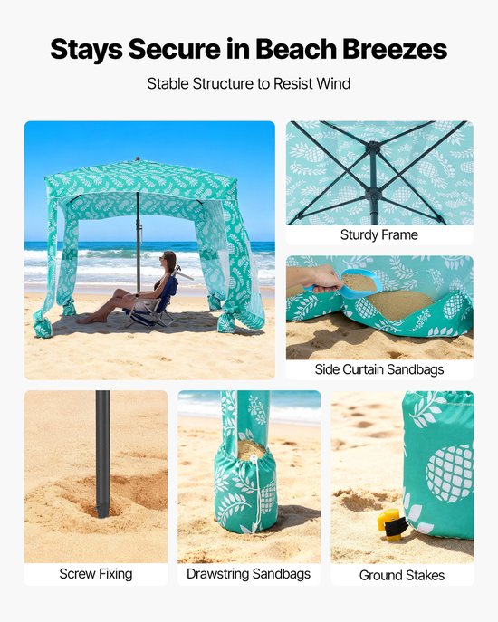 VEVOR Strandcabana 183x183cm, Strandluifel met Zijwanden, UPF 50+ Zonbescherming, Strandpaviljoen met Zandzakken, Lichtgroen Patroon van Vevor — afbeelding 4