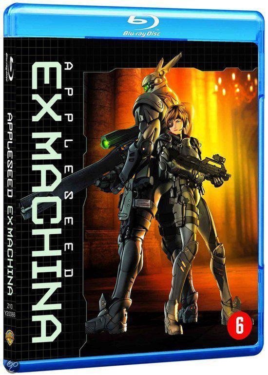 Couverture Blu-ray d'Appleseed Ex Machina avec une figure de type mécha et une femme armée.