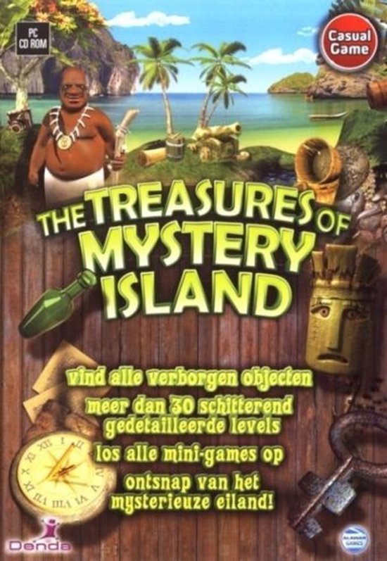 Gamecover 'The Treasures of Mystery Island'. Een tropisch eiland met een schatzoeker, een totem, een fles, een klok en een sleutel.