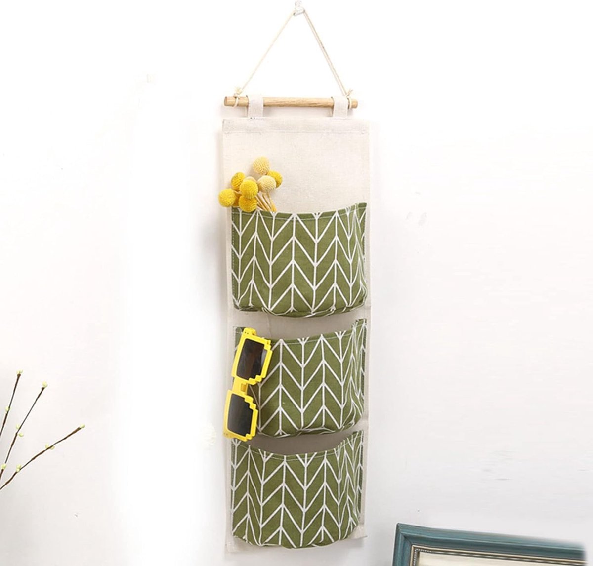 Hangende Opbergtas - Wand Organizer - Ruimte Besparen - Drie Handige Vakken - 20 x 62 cm - Groen