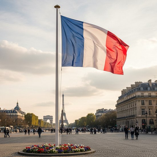 Franse vlag wapperend aan een vlaggenmast, met de Eiffeltoren en Arc de Triomphe op de achtergrond.