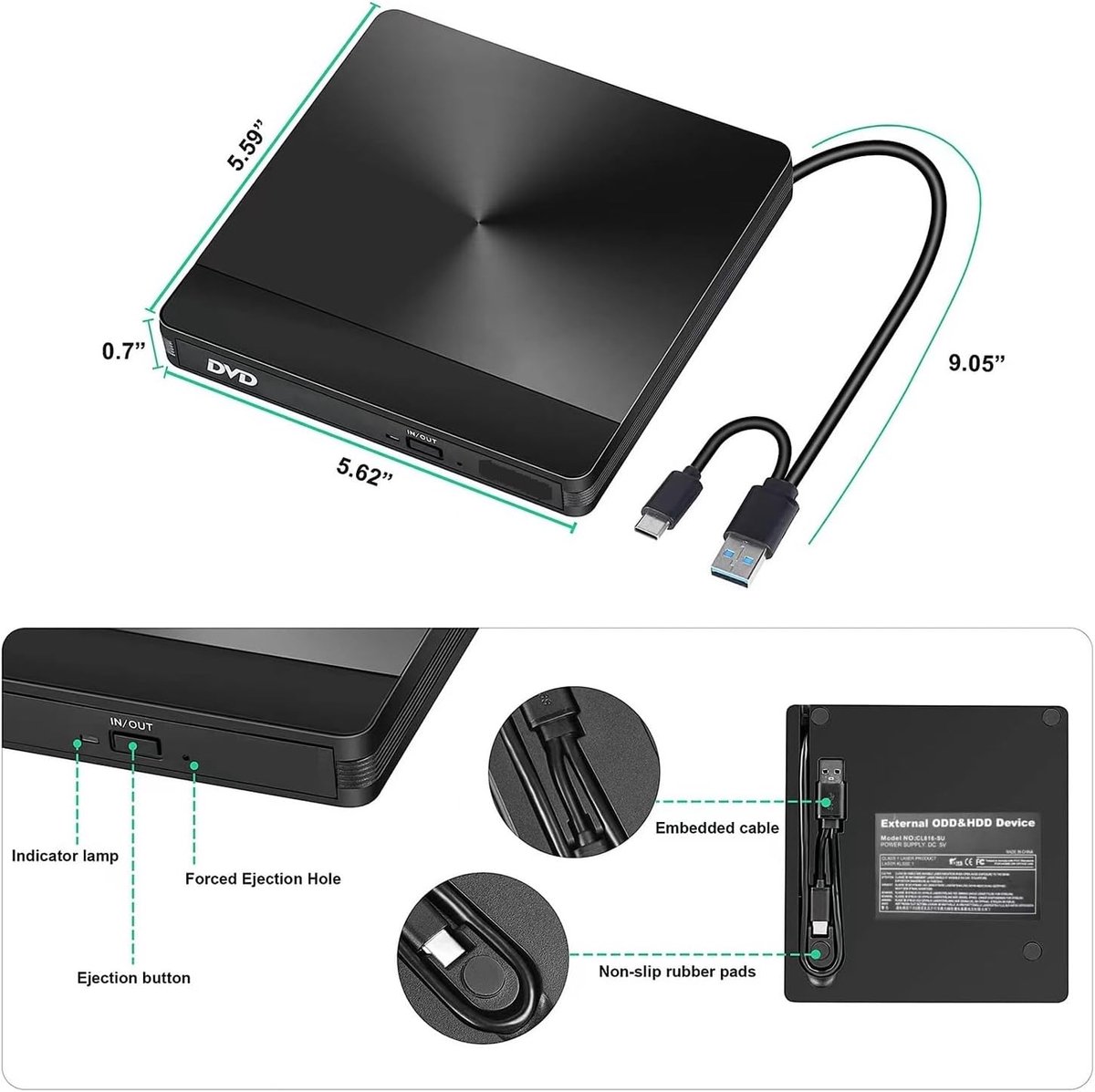 Externe DVD Brander - USB Optische Drive - Laptop PC - Hoge Snelheid - Draagbaar - Zwart