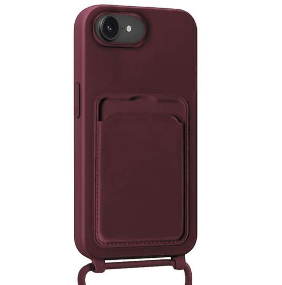 Auberginekleurig telefoonhoesje met kaarthouder en koord.