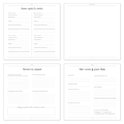 Pagina's uit een babyboek over 'Jouw opa's & oma's', 'Broers & zussen' en 'Hier woon jij, jouw thuis'.