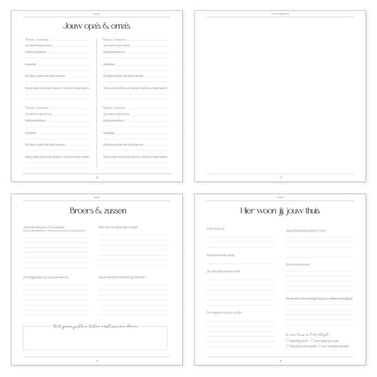 Pagina's uit een babyboek over 'Jouw opa's & oma's', 'Broers & zussen' en 'Hier woon jij, jouw thuis'.