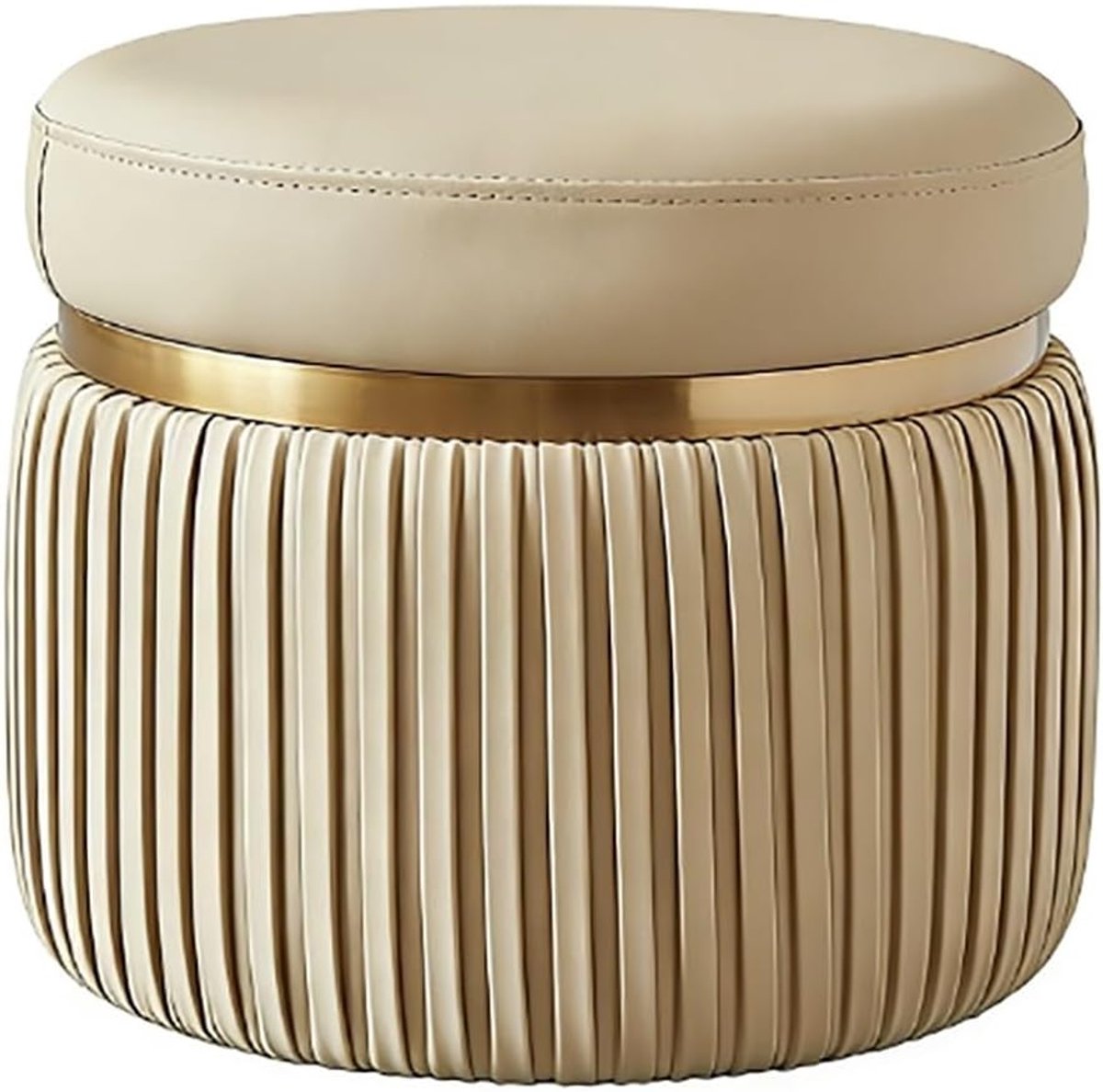 Ronde Poef Voetenbank - Gestoffeerde Krukje - Extra Zitplaats Rust - Hoogwaardig Leer Schuim - 37x37x32 cm - Beige