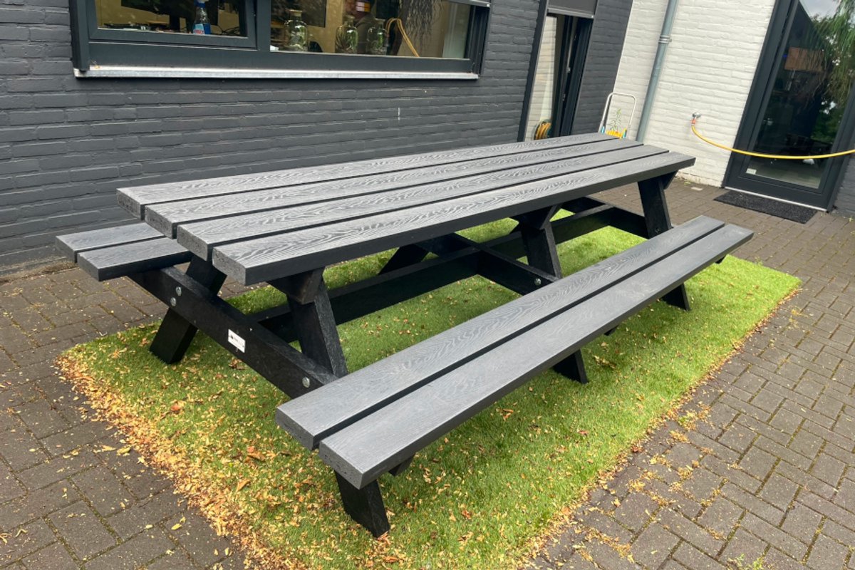 Rockwood® Picknicktafel Woodblend Antraciet - Zwaar Kunststof (50mm dik) Houtnerf 3.60m Naturel